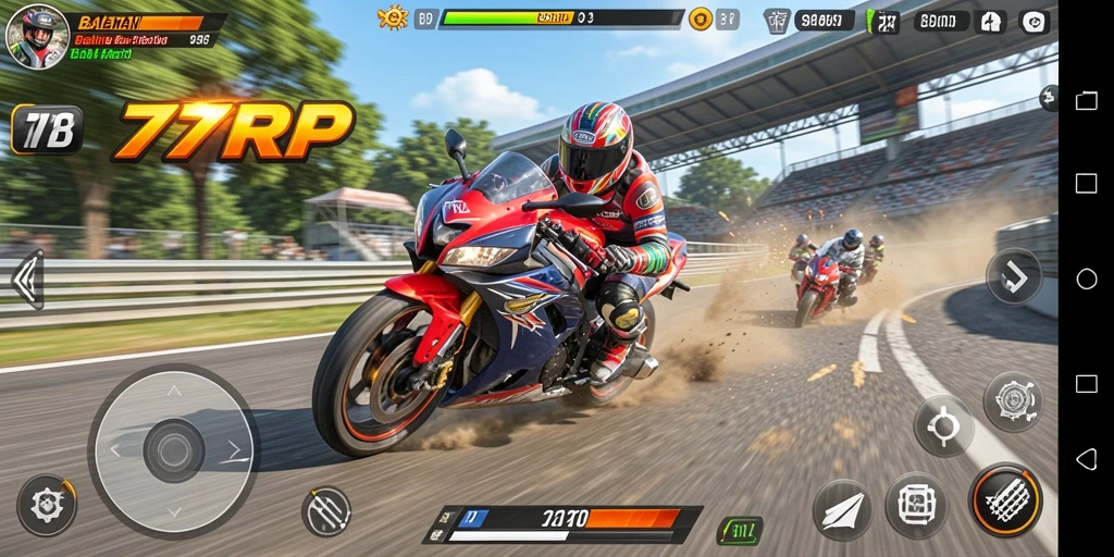 Screenshot gameplay 77RP menampilkan balapan motor yang intens dan mendebarkan.
