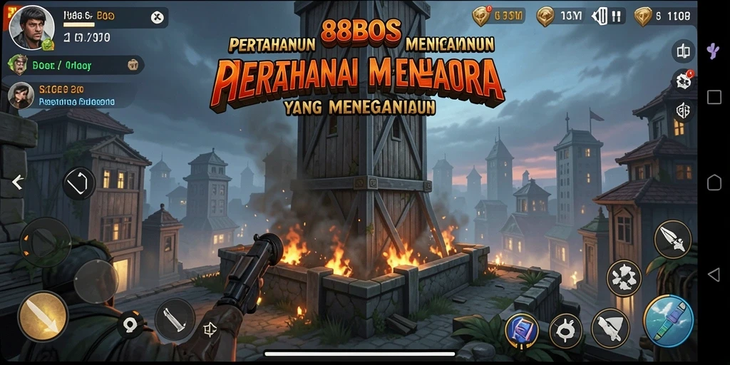 Tangkapan layar utama 88BOS menampilkan menara yang siap menghadapi gelombang musuh.