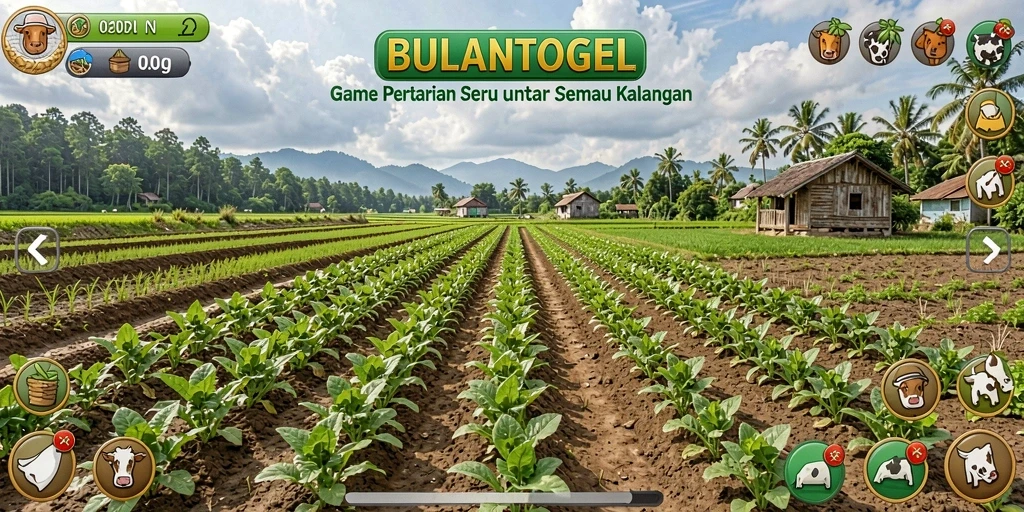 Screenshot gameplay BULANTOGEL menampilkan aktivitas bertani dan merawat hewan.