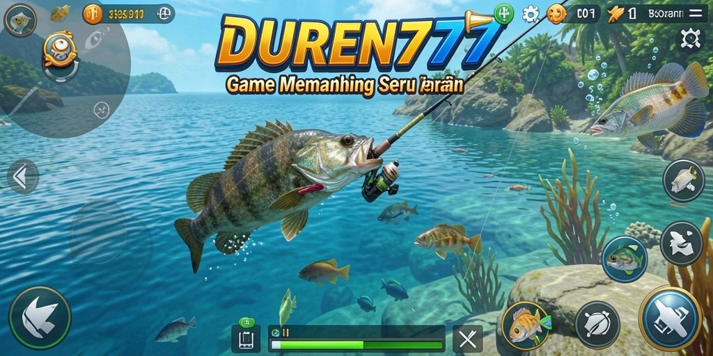 Tampilan gameplay DUREN777 saat menangkap ikan di danau biru.