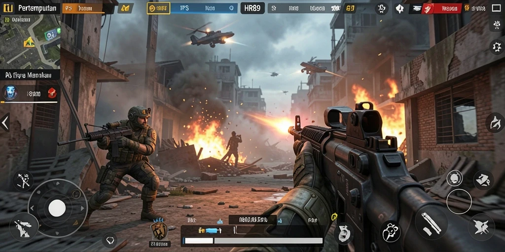 Tangkapan layar menunjukkan aksi intens dalam game FPS HR89.