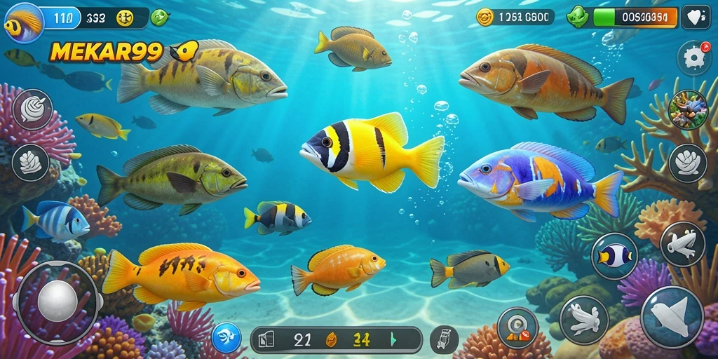 Screenshot gameplay MEKAR99 menunjukkan suasana bawah laut yang penuh warna.