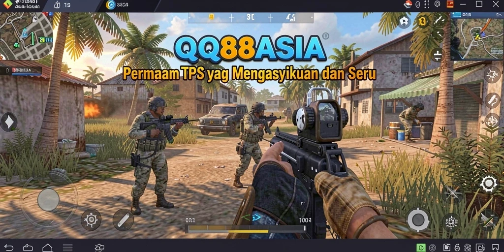 Screenshot utama QQ88ASIA menampilkan aksi intens dalam pertempuran TPS.