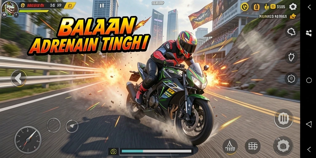 Tampilan gameplay SERURP yang mendebarkan dengan aksi balapan motor.