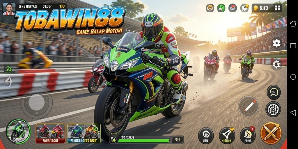 Tampilan gameplay menakjubkan TOBAWIN88 saat berlomba di lintasan balap.