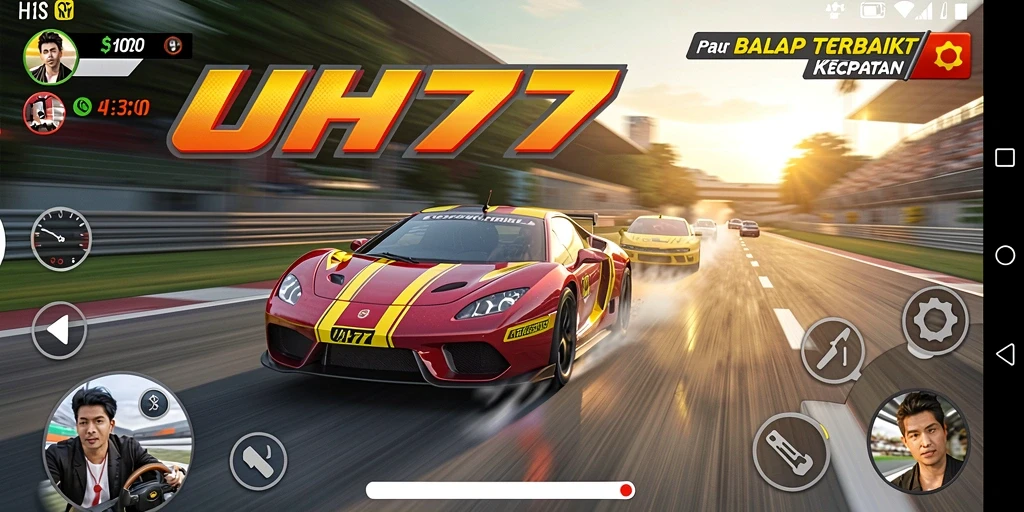 Screenshot gameplay UH77 menampilkan aksi balap yang menegangkan dan mendebarkan.
